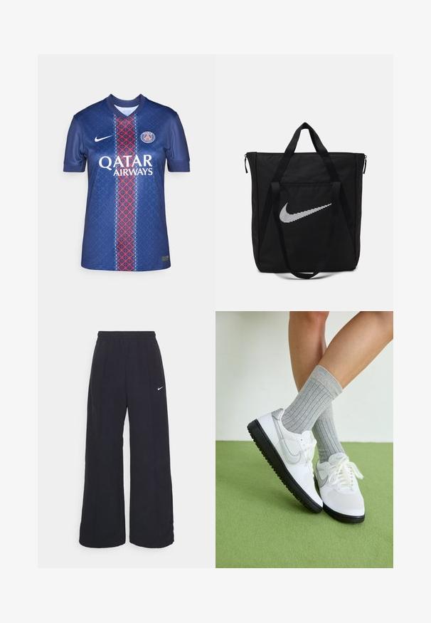 Tumši zilas krāsas futbols krekls, izgatavots no gludas auduma, ar ģeometrisku rakstu, sarkanu un baltu vertikālu svītru, un "QATAR AIRWAYS" logo.; Melnas platās bikses ar elastīgu jostu un mazu baltu Nike logo. Audumam ir gluda tekstūra, kas paredzēta ērtībai un ikdienas valkāšanai.; Baltas sporta apavi ar pelēkiem akcentiem, melnu gumijas zoli un baltām šņorēm, kopā ar gaiši pelēkām ribotām zeķēm, novietoti uz zaļas virsmas.; Melna neilona koferis ar divām izturīgām rokturiem un ar rāvējslēdzēju. Tam ir izteikts balts Nike swoosh logotips horizontāli svītrainā dizainā.