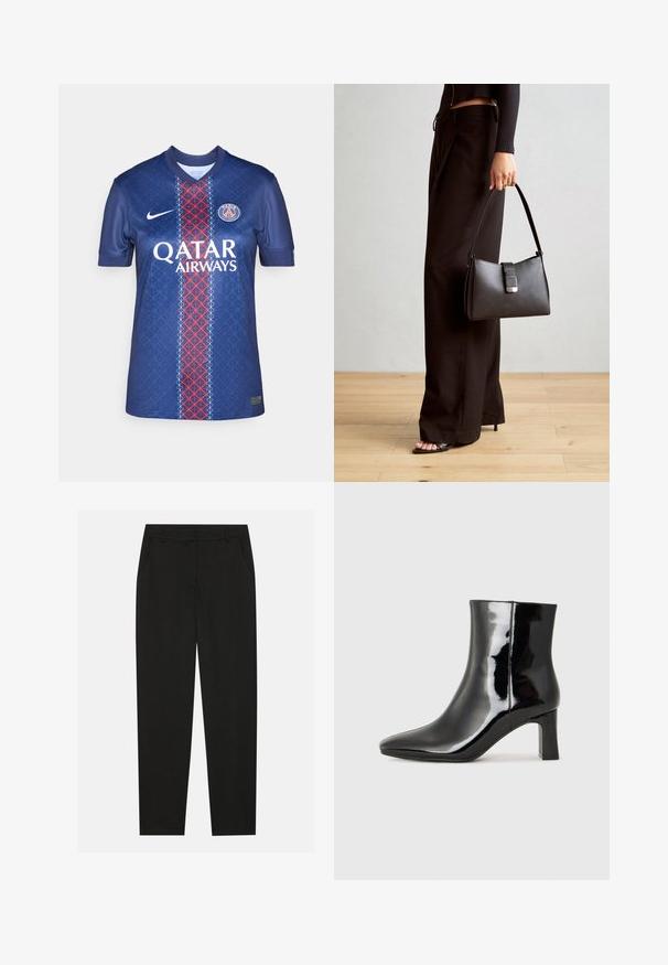 Tamno plavi nogometni dres od glatke tkanine, s geometrijskim uzorkom, crvenom i bijelom vertikalnom prugom, te logotipom "QATAR AIRWAYS".; Crne hlače s krojem po mjeri, s bočnim džepovima i ravnim nogavicama. Izrađene od glatkog, laganog materijala s elegantnim završetkom.; Crne lakirane kožne gležnjače s šiljastim prstom i srednje visokom blok petom. Glatka tekstura i minimalistički dizajn.; Crna torba s oblikom koji sadrži strukturu, glađu teksturu i metalnu kopču. Uparena s širokim crnim hlačama i sandalama na otvorenom s drvenog poda.