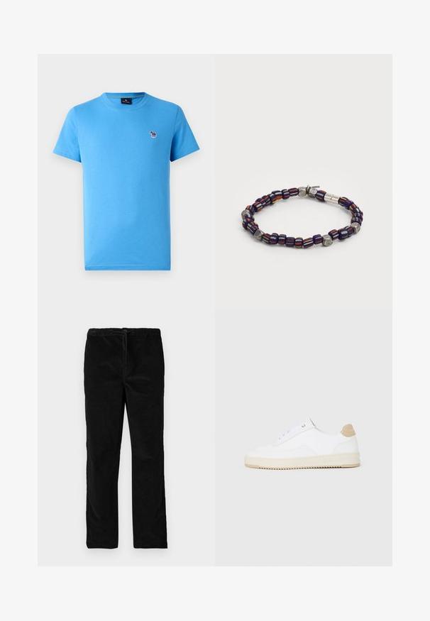Tricou din bumbac de culoare bleu deschis, cu mâneci scurte, de tip crew neck și un mic logo brodat cu un animal pe partea stângă a pieptului. Textură moale, croială confortabilă.; Pantaloni din catifea negri, drepti, cu talie elastică și șnur în față, expuși pe un fundal alb simplu.; Tenisi albi cu vârful jos, cu un exterior din piele texturată, talpă crem cu striații și accent de călcâi în nuanță de bej. Au șireturi albe și detalii cu logo pe călcâi.; Brățară cu mărgele în nuanțe de marin, portocaliu și galben, cu dungi și accente metalice. Varietățile de mărgele netede și texturate creează un interes vizual.