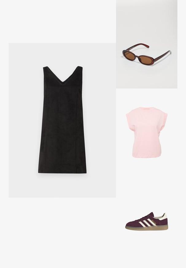 Jasnoróżowa bawełniana koszulka z krótkimi rękawami typu cap, okrągłym dekoltem i luźnym krojem. Gładka tekstura, minimalistyczny design, brak widocznych wzorów czy akcentów.; Czarna sukienka bez rękawów z dekoltem w kształcie litery V, wykonana z miękkiego materiału, o prostym kroju i minimalnych detalach. Gładka tekstura.; Bordowe zamszowe trampki z białymi trzema paskami i beżowymi akcentami. Mają teksturowaną gumową podeszwę i złote oznaczenia po boku.; Okrągłe, brązowe okulary przeciwsłoneczne z błyszczącą bordową oprawą. Cienkie ramiona z subtelnym detalem marki. Płaski kształt soczewek.; Brązowa torebka skórzana pleciona o luźnym, trójkątnym kształcie. Posiada pleciony uchwyt i zamek błyskawiczny na górze.