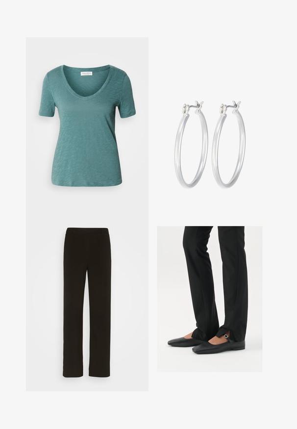 Kortärmad v-ringad t-shirt i tealblå, tillverkad av lättviktsmaterial med en texturerad yta, med en ren fåll och avslappnad passform.; Svarta byxor med rak passform, tillverkade av vävt tyg, med platt front, två sidofickor och en slät yta. Inga synliga mönster eller detaljer.; Svarta läderballetskor med spetsig tå, rem med silverspänne, kombinerade med svarta skräddarsydda byxor med slitsar i fållen.; Silverfärgade hoopörhängen med en slät, polerad yta. Rund form och säker klickstängning. Lättviktig design som passar för vardagligt bruk.