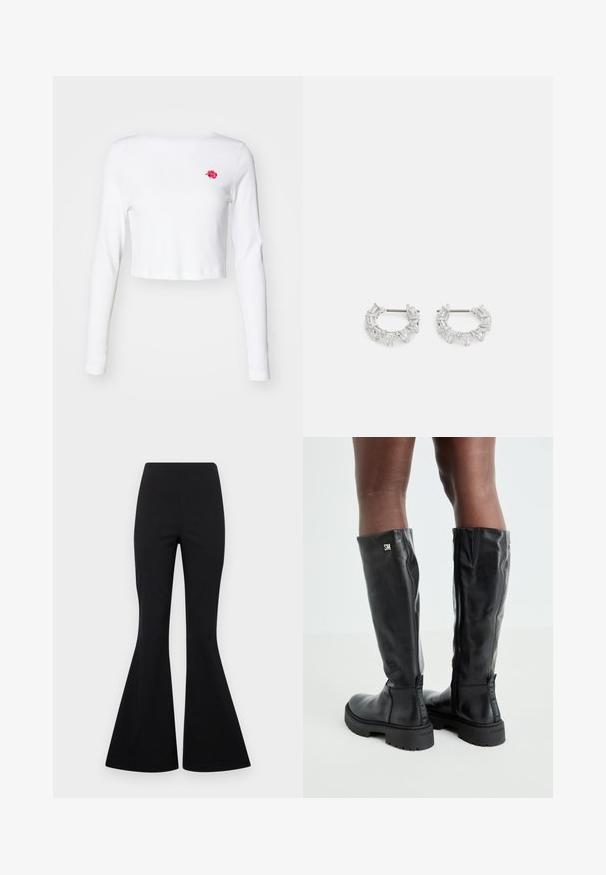 Baltas trumpas ilgomis rankovėmis viršus, pagamintas iš minkštos medžiagos, su mažo rožinio rožių siuvinėjimu kairėje krūtinės pusėje. Paprastas dizainas, be raštų.; Juodos plačios kelnės, pagamintos iš tamprių audinių su lygiu paviršiumi, turi aukštą liemenį ir plačias, varpo formos kojas.; Juodos iki kelių odinės botai su lygiu paviršiumi, apvaliu pirštu, stambiu padu ir užtrauktuku. Ant šono yra sidabrinė logo.; Sidabrinės auskarų kabliukų formos auskarai, papuošti aiškiais, stačiakampiais ir trikampiais kristalais, kurie išdėstyti raštuotu dizainu. Tvirtinimai, užtikrinantys saugų prilaikymą.