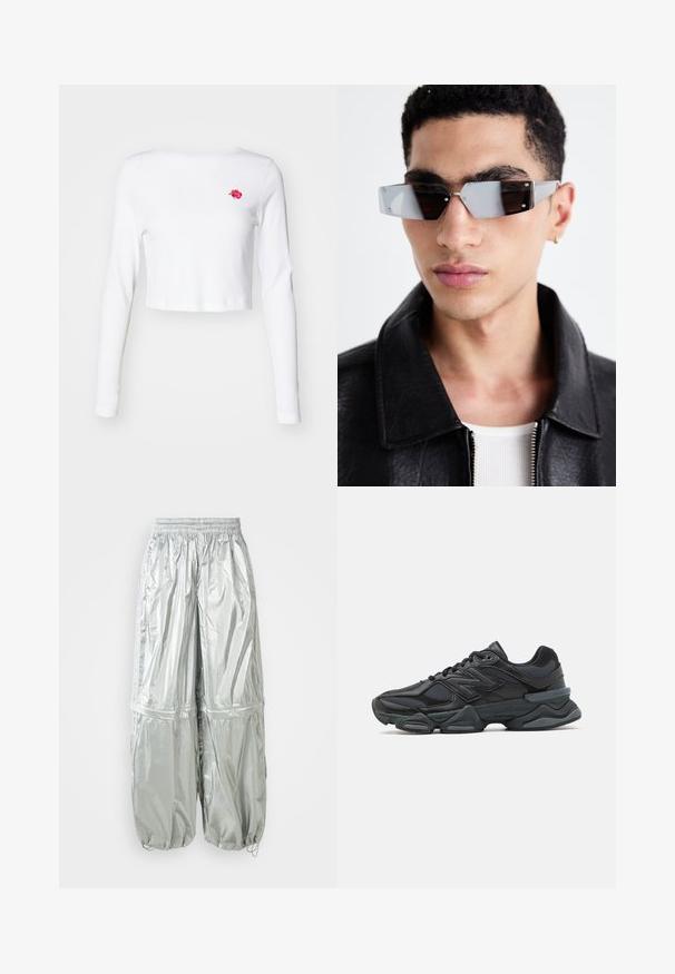 Hvit, cropped langermet topp laget av mykt stoff, med en liten rosa rose broderi på venstre bryst. Enkelt design, uten mønstre.; Sølv lette cargo-bukser med en skinnende tekstur, elastisk talje, rynkede manchetter og to store frontlommer.; Svart løpesko med en blanding av mesh og syntetiske materialer, chunky såle, buet design og fremtredende merkevare på siden.; Vinklet gråtonede solbriller med sølvhardware, satt mot en lys bakgrunn. Linsene har en unik geometrisk form.; Sølvmetallisk håndveske med et strømlinjeformet, strukturert design, som har en teksturert overflate, en skulderrem og et preget logoakcent.