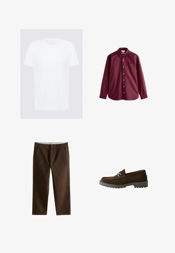 Hvid kortærmet T-shirt lavet af glat bomuld med rund hals; minimalistisk design med rene linjer og ingen synlige mønstre.; Burgunderlangærmet skjorte med knaplukning, lavet af bomuld, med spids krave, enkelt brystlomme og hvide plastikknapper. Glat overflade.; Brune bomuldsbukser med flad frontdesign, sidelommer og en glat tekstur. Livremmen har en knaplukning.; Brune ruskind loafers med rund tå, metalspænde detalje og tyk gummisål med et tekstureret profileret mønster.