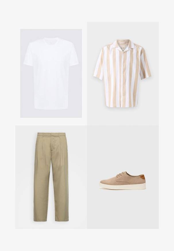 Biała koszulka z krótkim rękawem, wykonana z gładkiej bawełny, z okrągłym dekoltem; minimalistyczny design, z czystymi liniami i żadnymi widocznymi wzorami.; Koszula z krótkim rękawem w jasnobeżowe i białe pionowe paski. Wykonana z lekkiego materiału, z kołnierzykiem typu camp i guzikami.; Beżowe, wysokie spodnie o prostym kroju, z płaskim przodem, bocznymi kieszeniami i gładkim, teksturowanym materiałem.; Beżowe zamszowe sneakersy z okrągłym noskiem, sznurowanym przodem i teksturowanym akcentem na tyle. Biała gumowa podeszwa tworzy kontrast. Prosty i nowoczesny design.