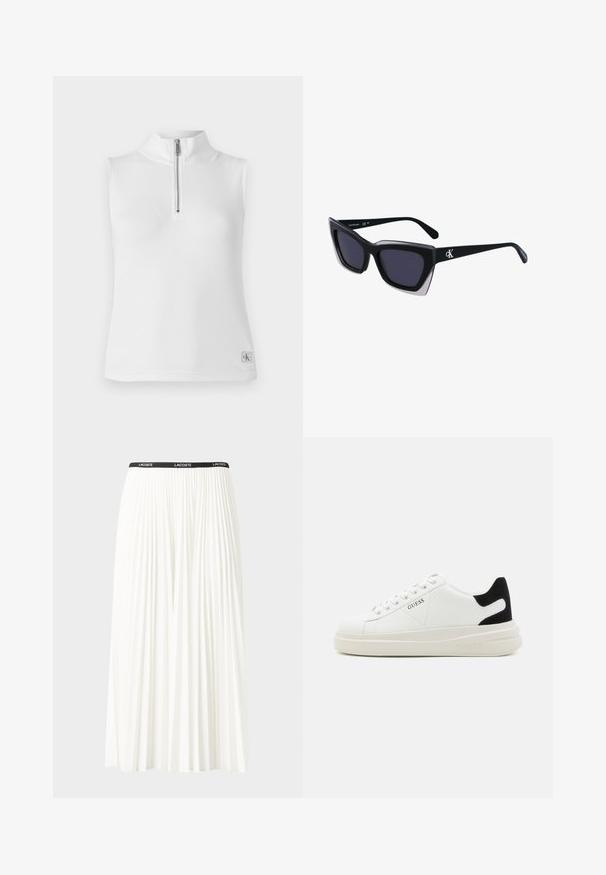 Top alb fără mâneci, cu guler înalt și un fermoar pe jumătate. Dispune de o textură nervousă și o etichetă mică de marcă la tiv.; Fustă plisată albă cu un brâu elastic negru, având logo-ul "LACOSTE". Design de lungime medie, cu textură moale.; Adidași din piele albă cu o talpă groasă albă, accent de călcâi din suede negru și logo embosat pe lateral. Design cu șireturi și șase orificii.; Ochelari de soare supradimensionați, negri, cu o formă geometrică, având lentile întunecate și un detaliu gri contrastant pe ramă. Logo pe braț.