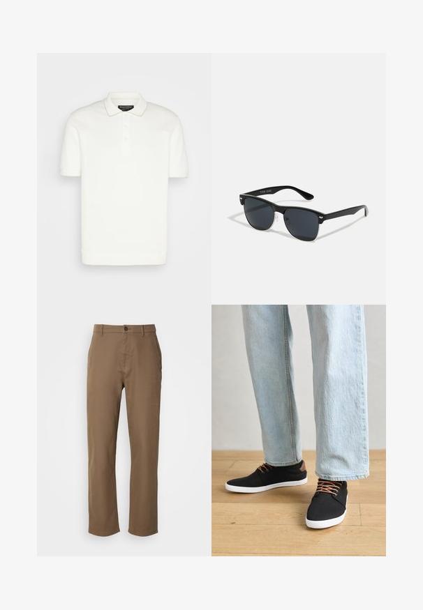 Hvid polo skjorte, korte ærmer, klassisk krave, tre-knaps placket, blød tekstur, ribbede ærmekanter og kant, minimalistisk design uden mønstre.; Brune bomuldsbukser med lige pasform, knaplukning og sidelommer. Har en glat overflade og et enkelt, udekoreret design.; Sort canvas sneakers med brune detaljer, hvide gummisåler og brune snørebånd, parret med lyseblå lige ben jeans. Trægulv i baggrunden.; Sorte solbriller med rektangulær form, mørke linser, sølvdetaljer ved tindingerne og en mat finish på stellet.