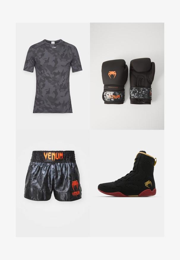 Lühikeste varrukatega, keha jaoks sobiv t-särk tumehallis, millel on kamuflaažimuster. Valmistatud siledast, venivast materjalist, millel on peened tekstuurid.; Mustan satiinist valmistatud poksishortsid, millel on kamuflaažimuster, elastne vöökoht ja erksat oranž värvi "VENUM" logo ees.; Korkeatutine sportlik king, musta võrkkangaga ja sünteetilisest materjalist, tekstuursete detailidega, punase kummitaldiga ja kuldsete aktsentidega pahkluu piirkonnas.; Mustavad krossimise kinnased, millel on mati viimistlusega ja ergonoomiline disain. Oranž logo detail ja kamuflaažimuster randmetrasside peal.