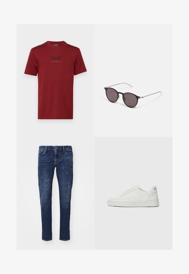 EA7 Emporio Armani T-shirt basic - syrah; Donkerblauw denim jeans met een slim fit, voorzien van verfspetters, zichtbare stiksels en een standaard vijf-pocket ontwerp. Recht gesneden pijpen.; Witte leren sneaker met een gladde afwerking, ronde neus, platte veters en een gestructureerde zool. Kenmerkt zich door een subtiel logo op de hiel.; Zwarte ronde zonnebril met donkere lenzen en slanke metalen armen. Inclusief heldere tempelpunten en zilveren accenten bij de scharnier. Minimalistisch ontwerp.