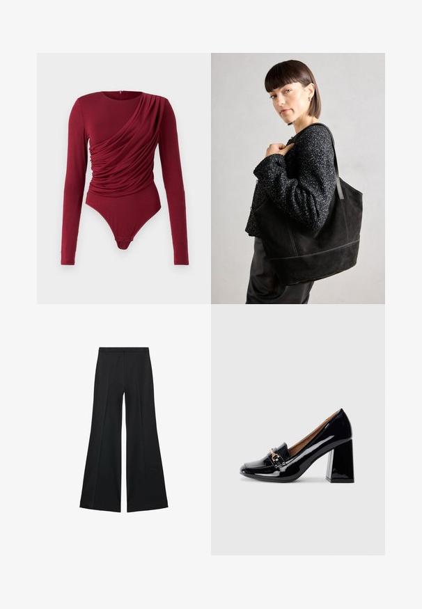 Bodysuit z dolgimi rokavi v temno rdeči barvi, s drapirano tkanino, krojem z okroglo odprtino in zaklepanjem s pritisnim gumbom na dnu, izdelan iz mehkega elastičnega materiala.; Črne široke hlače z gladko teksturo, ki imajo sprednje nabore in kroj po meri. Tkanina je lahka in zračna.; Črne patent usnjene čeveljce s peto, ošiljenim nosom in blok peto. Imajo dekorativno zanko in zaponko na sprednjem delu.; Črna semiš torbica z gladko teksturo, strukturirano obliko in kontrastnim šivanjem. Ima dolge naramnice za nošenje na rami.