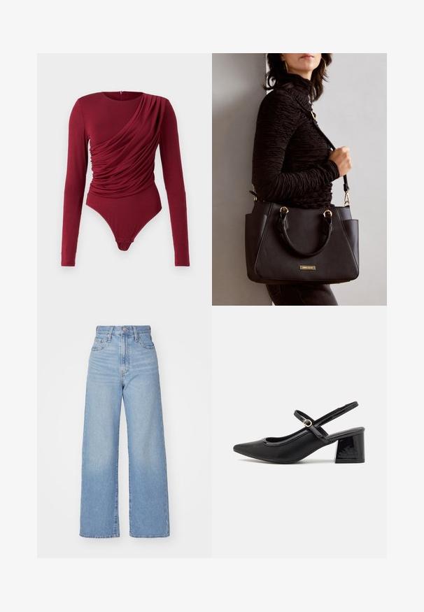 Long-sleeve bodysuit in deep red, featuring draped fabric, scoop neck, and snap closure at the bottom, made from soft stretch material.; Light blue high-waist wide-leg jeans with front button and zip closure, front and back pockets, on a white background.; Black patent leather slingback heels with a pointed toe, a rounded cutout design, and a block heel. Features a gold-tone buckle accent.; Black handbag with textured surface, dual top handles, and adjustable shoulder strap. Features gold-tone hardware and side pockets.