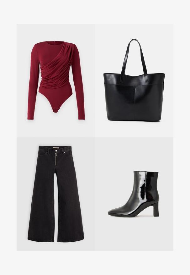 Bodysuit z dolgimi rokavi v temno rdeči barvi, s drapirano tkanino, krojem z okroglo odprtino in zaklepanjem s pritisnim gumbom na dnu, izdelan iz mehkega elastičnega materiala.; Široke traperice iz črnega denima z zadrgo spredaj, petimi žepi in diskretnimi šivi. Gladka tekstura in ležeren slog.; Črne lakirane gležnjarje z ošiljenim nosom in srednje visokim blokastim peto. Gladka tekstura in minimalističen dizajn.; Črna usnjena torba z dvema dolgima ročajema, gladko teksturo in strukturirano obliko. Ima sprednji žep za dodatno shranjevanje.