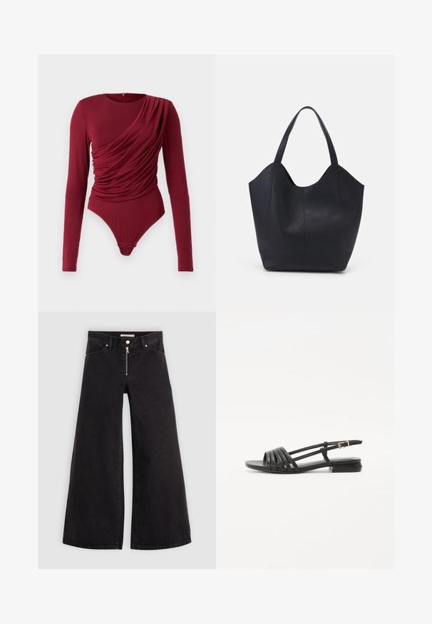 Hosszú ujjú bodysuit mélyvörös színben, lágyan redőzött anyaggal, kerek nyakkivágással és patentos záródással az alján, kellemes, rugalmas anyagból készült.; Fekete denim széles szárú farmer, cipzáros elejével, öt zsebes kialakítással és diszkrét varrással. Sima textúra és laza stílus.; Fekete lapos szandálok, szíjakkal tervezve, amelyek több bőr pánttal és vékony bokapánttal rendelkeznek. A talp lapos és téglalap alakú.; Fekete tote táska sima bőrből, ívelt, nyitott tetővel és két vállpánttal, minimális dizájnnal.