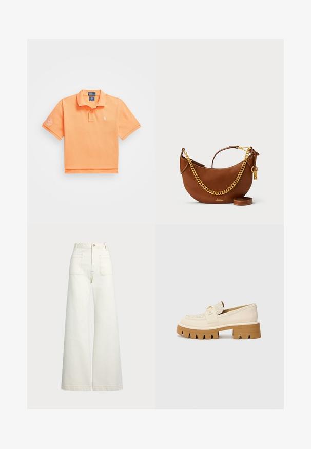 Polo tričko s krátkym rukávom v jasne oranžovej farbe z bavlny, s dvomi gombíkmi na zapínanie a malým vyšitým logom na ľavej hrudi.; Džínsy s širšími nohavicami v off-white denim. Vysoký pás s gombíkovým zapínaním, dve predné vrecká a kontrastné švy.; Beige mokasíny s textúrovaným krémovým popruhom, s masívnou hnedou podrážkou s tvarmi podobnými zubom. Zlatý akcent na detaile s prackou.; Hnedá kožená kabelka s zakriveným dizajnom, zlatým reťazovým popruhom, vnútornou kapsou a odnímateľným ramenným popruhom. Obsahuje kontrastné švy.