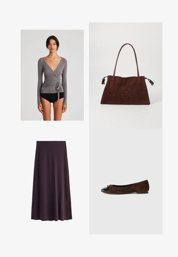 GAI+LISVA ANNE WRAP - Majica z dolgimi rokavi - dark gull grey; Vijolična krila iz gladkega materiala, z A-silhueto in dolžino do kolen, brez vidnih vzorcev ali zapiral. ; Rjave semiš baletke z lesketajočim temno rjavim lakiranim pokrovom in majhnim poudarkom v obliki pentlje spredaj. Ravna peta.; Rjava semiš torba z dvojimi usnjenimi ročaji, mehko teksturo, ravno obliko in diskretno embosirano logo spredaj.