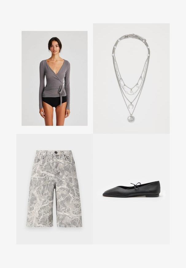 GAI+LISVA ANNE WRAP - Pikkade varrukatega topp - dark gull grey; Kamo mustriga teksashortsid halli ja beeži tooni, klassikalise viie tasku ja metallnööpide sulgemisega.; ALOHAS SWAY - Baleriinad - black; Mitmekihiline hõbekett, millel on kettid, valged helmed, tähe- ja poolkuu ripatsid, ning alumises osas ümmargune ripats, millel on päikesekiirte disain.