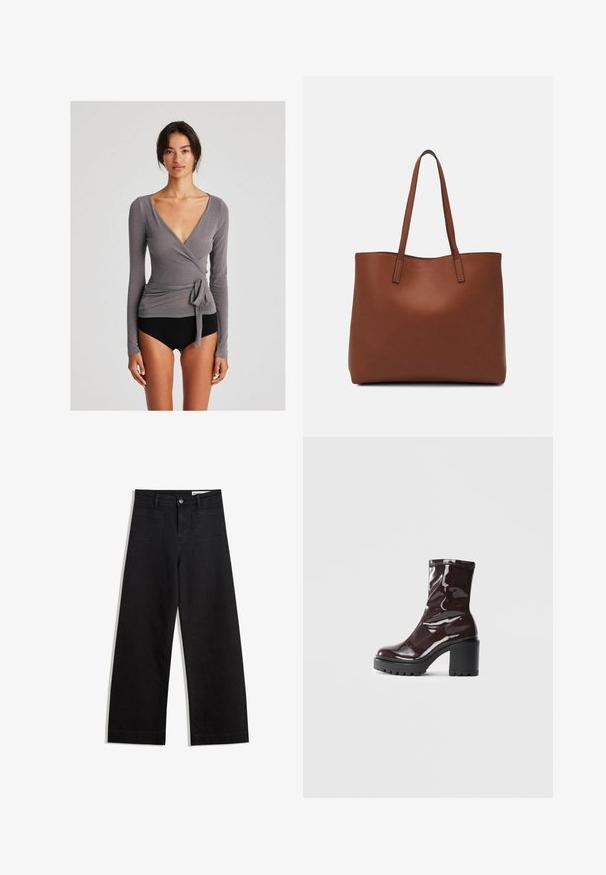 GAI+LISVA ANNE WRAP - Langarmshirt - dark gull grey; Schwarze weit geschnittene Jeans mit hoher Taille, ausgestattet mit Vorder- und Hintertaschen, gesteppten Nähten und einem Knopfverschluss. Glatte Textur.; Glatte bordeauxrote Ankle Boots mit einem klobigen schwarzen Absatz, die eine glatte Oberfläche und ein einfaches Design aufweisen. Keine sichtbaren Verschlüsse oder Muster.; Braune Leder-Tote mit glatter Textur, offenem Oberteil und zwei Schulterriemen. Verfügt über minimale Nähte und keine sichtbaren Beschläge.