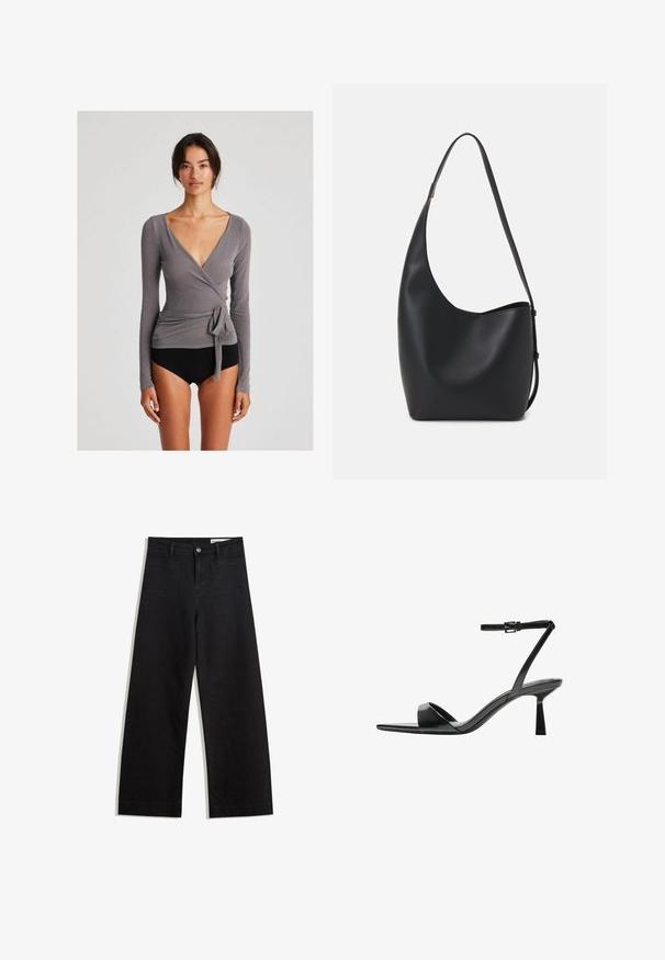 GAI+LISVA ANNE WRAP - Longsleeve - dark gull grey; Zwarte denim broek met wijde pijpen en een hoge taille, voorzien van voor- en achterzakken, gestikte naden en een knoopsluiting. Gladde textuur.; Bershka Sandalen met hoge hak - black; Zwarte leren hobo tas met een gladde textuur, kromme vorm en een enkele verstelbare schouderband; heeft een brede opening aan de bovenkant.