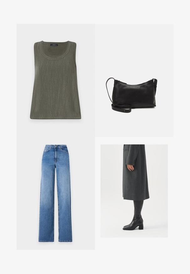 Olive rohelises ilma varrukatop, millel on peen tekstuur, ümmargune kaelus ja sirge lõige. Valmistatud kerge kangaga.; Heledad sinised laiad püksid, mis on valmistatud denimist, kõrge vöökohaga, esi-taskute ja tavapärase nupuga sulgemisega. Sile tekstuur.; Hallhalline, kohandatud ülikond jakk sirge lõikega; kombineeritud kuni põlveni ulatuvate mustade nahast saapadega, millel on nelinurkne varvas ja paks konts.; Mustmust nahk õlakotil on sile tekstuur, kumer kuju, reguleeritav rihm ja lukuga sulgemine. Minimalistlik disain ilma kaunistusteta.