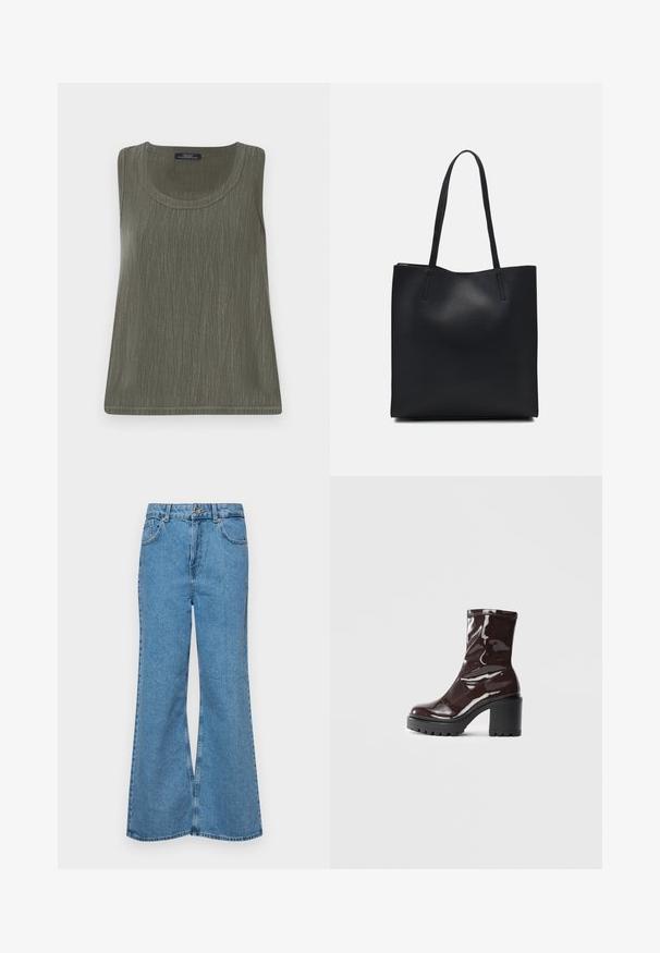 Olive rohelises ilma varrukatop, millel on peen tekstuur, ümmargune kaelus ja sirge lõige. Valmistatud kerge kangaga.; Heledad sinine flared teksade rõivad, millel on kõrge talje, viis taskut ja üks nupulukk. Pehme tekstuur ja pleekinud viimistlus.; Klakav läikiv burgundi värvi pahkluu saabas, millel on paks must konts, sile tekstuur ja lihtne disain. Nähtavad kinnitused või mustrid puuduvad.; Mustast nahast kott sujuva tekstuuriga, ristkülikukujuline ja kahe pika sangaga. Pole nähtavat riistvara ega kaunistusi.