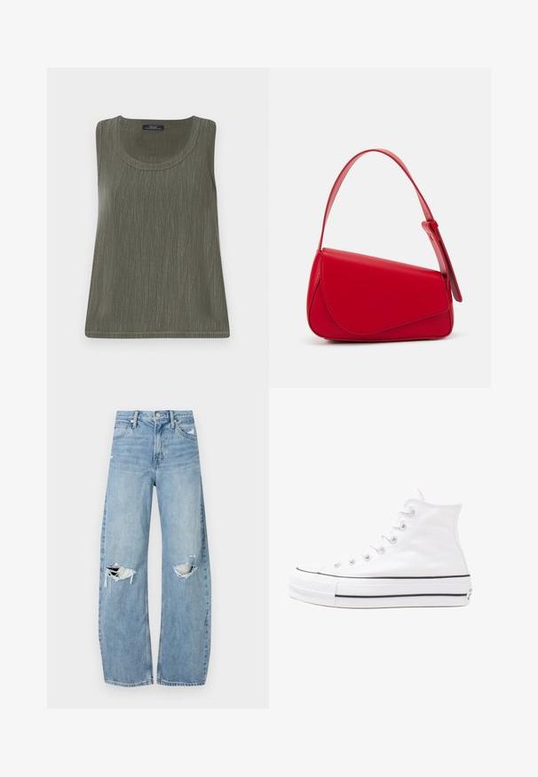 Olivinvihreä hihaton paita, jossa on hienovarainen teksturoitu kuvio, pyöreä pääntie ja suora helma. Valmistettu kevyestä kankaasta.; Vaaleansiniset, korkeavyötäröiset farkut, jotka on valmistettu denimmateriaalista. Ominaisuuksiin kuuluvat leveät lahkeet, kaksi revittyä polvialuetta ja klassinen viiden taskun tyyli.; Valkoiset korkeavartiset kangaskengät mustalla kumipohjalla, edessä kuminen varvasosa ja kuusi nauha-aukkoa, puhtaan minimalistisella muotoilulla.; Punainen nahkalaukku, jossa on kulmikas, geometrinen muotoilu. Varustettu yhdellä säädettävällä hihnalla ja läpällä, jossa on ommeltu yksityiskohtia.