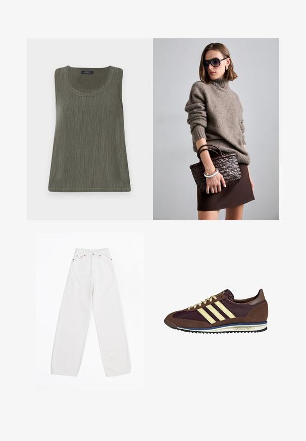 Ærmeløs top i olivengrøn med et subtilt struktureret mønster, rund hals og lige kant. Fremstillet af letvægtsstof.; Hvide wide-leg jeans lavet af denim, med fem lommer, kobber hardware og knaplukning foran. Glat tekstur og lige skæring.; Brune og bordeaux sneakers lavet af ruskind og mesh-materialer, med tre cremefarvede striber, tekstureret stof på tungen, og en gummisål.; DRAGON DIFFUSION MINI FLAT GORA - Håndtasker - dark brown