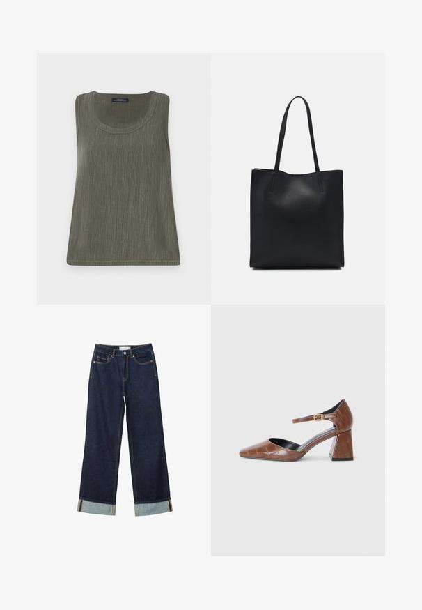 Sleeveless top in olive green with a subtle textured pattern, rounded neck, and a straight hem. Made of lightweight fabric.; Dark blue wide-leg jeans with a high waist, featuring rolled cuffs, contrast stitching, and five-pocket design. Made of denim fabric.; Brown patent leather pump with a square toe, textured croc pattern, ankle strap with gold buckle, and a chunky heel.; Black leather tote bag with smooth texture, rectangular shape, and two long handles. No visible hardware or embellishments.