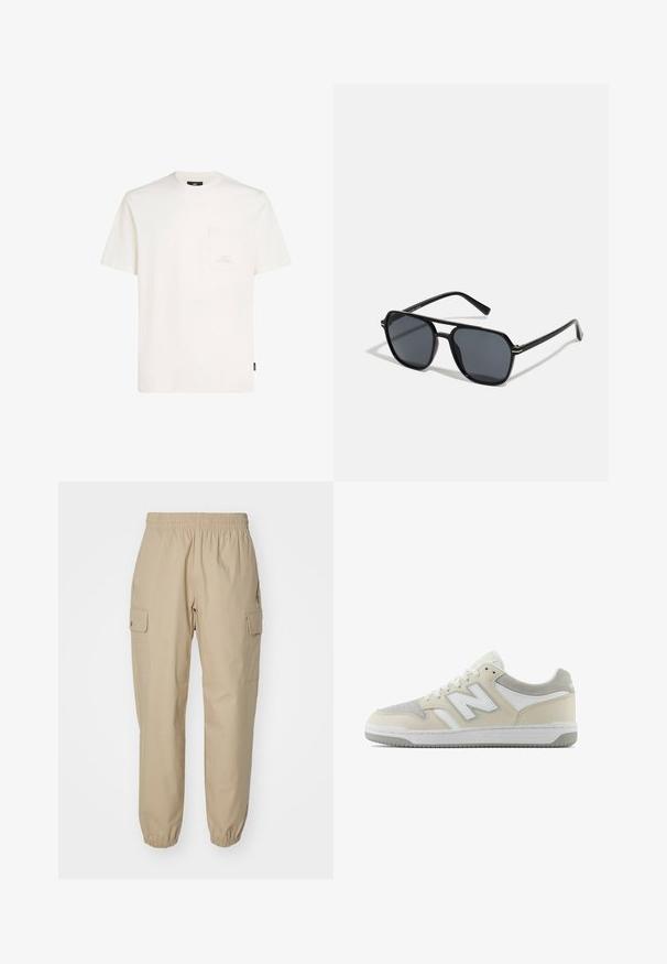Valkoinen lyhythihainen t-paita, joka on valmistettu puuvillasta. Paitassa on etutasku ja pieni logotieto rinnassa. Pehmeä rakenne ja rento malli.; Beige cargo-housut, joissa on joustava vyötärö, kapenevat lahkeet ja sivutaskut. Tasainen kangas, jossa on hieman rakenteellinen tekstuuri.; Beige mokkanahka- ja nahkakengät valkoisilla yksityiskohdilla, joissa on teksturoitu muotoilu, nauhakiinnitys edessä ja nimikkologo sivussa.; Musta aurinkolasit, joissa on oktaalinen kehys, tummat linssit, kiiltävä pinta, ohuet templesit ja kultaiset yksityiskohdat etupuolella.
