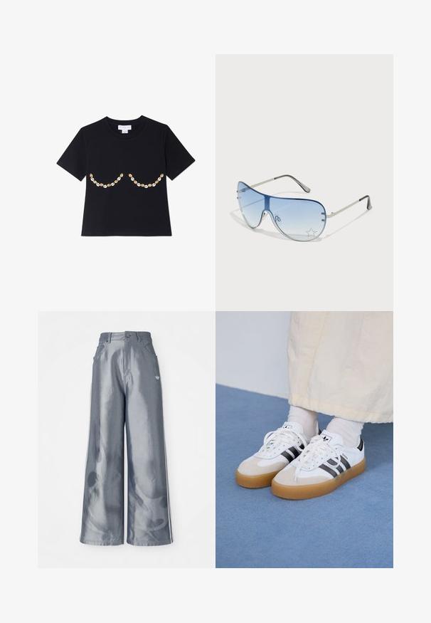 T-shirt preto de manga curta com um padrão decorativo de conchas claras e escuras na área do peito. Textura de tecido macio.; Calças de pernas largas em material cinza brilhante, com riscas brancas nas laterais e um padrão de chamas na parte inferior das pernas. Fecho com botão e fecho éclair na cintura.; Ténis brancos com riscas pretas e detalhes em camurça bege. Apresentam uma sola de borracha texturizada e atacadores brancos lisos, usados com meias de tom claro.; Óculos de sol aviador com lentes azuis em degradê, armação metálica prateada e detalhes decorativos de estrelas nas lentes. Design suave e elegante.