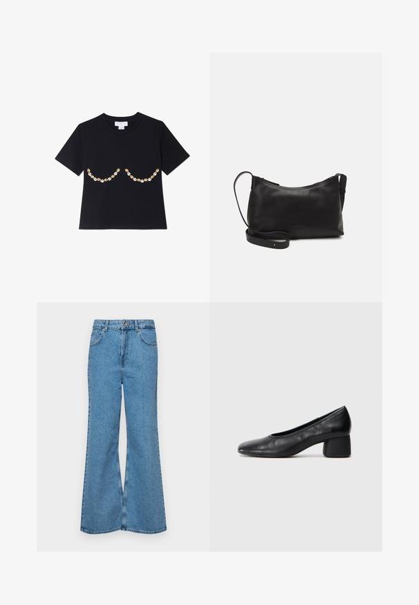 Črna majica s kratkimi rokavi, ki vsebuje okrasni vzorec svetlih in temnih školjk na prsih. Mehka tekstura tkanine.; Svetlo modri razširjeni džins hlače iz denima, z visokim pasom, petimi žepi in enim gumbom za zapiranje. Mehka tekstura z blagim zbledelim videzom.; Črne usnjene petke z zaobljenim nosom in srednjo blok peto. Gladka tekstura z minimalnimi detajli, ki vključuje subtilno elastično odprtino.; Črna usnjena torba čez ramo z gladko teksturo, ukrivljeno obliko, nastavljivim trakom in zadrgo. Minimalističen dizajn brez okrasnih detajlov.