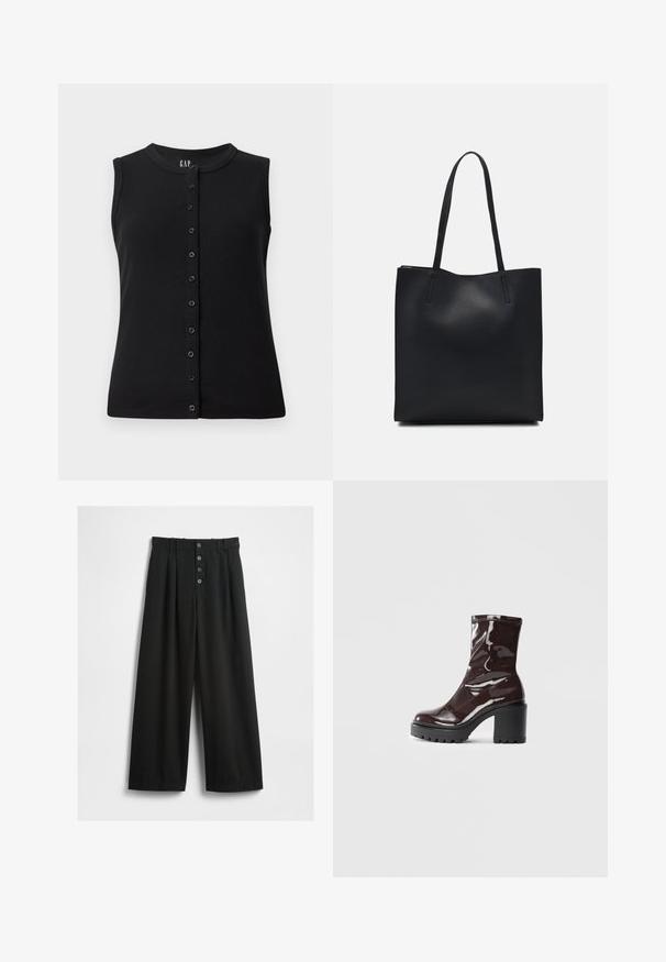 Top nero senza maniche con scollatura rotonda e chiusura frontale con otto bottoni, realizzato in tessuto a coste.; Pantaloni neri a gamba larga realizzati in un tessuto strutturato. Presentano una vita alta, una chiusura frontale a cinque bottoni e pince stirate per un tocco di dettaglio in più.; Stivale alla caviglia bordeaux lucido con un tacco spesso nero, caratterizzato da una superficie liscia e un design semplice. Nessuna chiusura visibile o motivo.; Borsa tote in pelle nera con texture liscia, forma rettangolare e due manici lunghi. Nessun hardware o decorazione visibile.