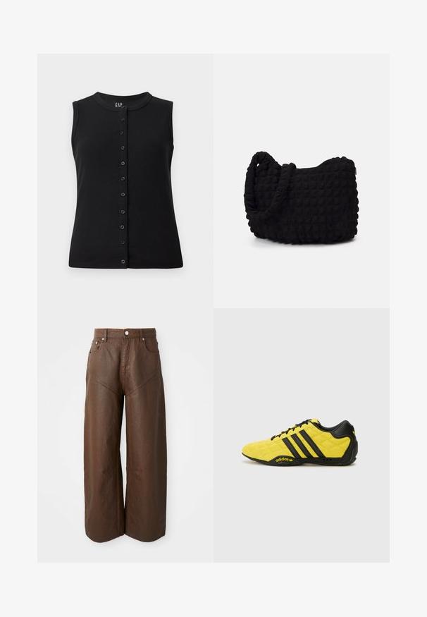 Črna brezrokavna majica z okroglo ovratnikom in sprednjim zapiranjem na gumb, ki vsebuje osem gumbov, izdelana iz rebrastega materiala.; Široke usnjene hlače v rjavi barvi z petimi žepi in gumbnim zapiranjem, prikazane na enobarvni beli podlagi.; adidas Originals ADIRACER UNISEX - Športni copati - yellow/core black/core black; Črn platneno torba z strukturiranim, quilted vzorcem. Okrogla oblika, kratki, debeli ročaji in mehak, fleksibilen konstrukt.