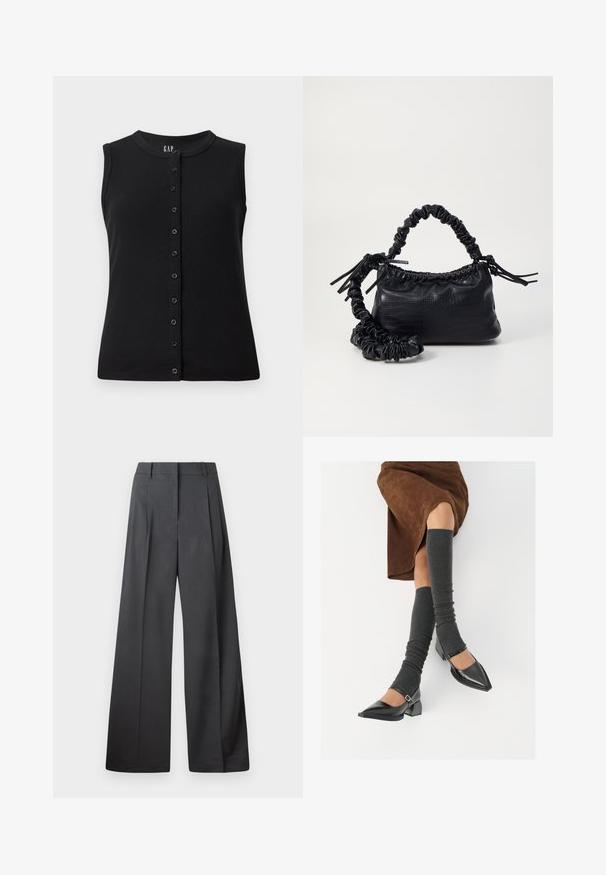 Čierny bezrukávový top s okrúhlym výstrihom a predným zapínaním na osem gombíkov, vyrobený z rebrovanej látky.; Nohavice s širokými nohavicami z tmavošedej látky, s vysokým pásom, jedinými záhybmi a hladkou textúrou s čistým zakončením na lemoch.; Čierne lakované kožené topánky s špicatou špičkou, blokovým podpätkom a členkovým remienkom, ktoré sú kombinované so šedými rebrovanými legínami a hnedou zamšovou sukňou.; Čierna umelá kožená kabelka s kroko vzorom, sťahovaným vrchom a zhnutým popruhom. Vyzerá mäkko a kompaktné v dizajne.