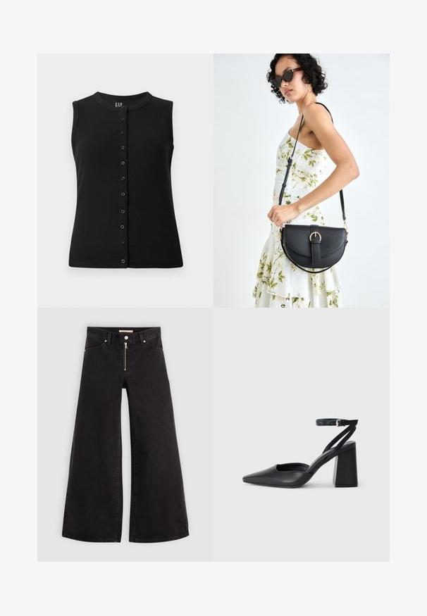 Top noir sans manches avec col rond et double boutonnage à l'avant composé de huit boutons, fabriqué en tissu côtelé.; Jean large en denim noir avec une fermeture éclair à l'avant, un design à cinq poches et des détails de couture subtils. Texture lisse et style décontracté.; Escarpin noir en cuir à bout pointu avec une bride de cheville et un talon épais. Texture lisse, design élégant et esthétique minimaliste.; Sac à main en cuir noir avec une forme courbée, bandoulière amovible et des accessoires en or. Le sac est doté d'un rabat avec un détail de boucle.
