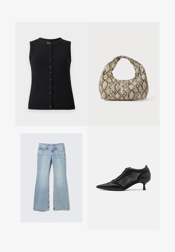 Schwarzes ärmelloses Top mit Rundhalsausschnitt und einer vorderen Knopfleiste mit acht Knöpfen, aus geripptem Stoff gefertigt.; Weekday NOVA - Jeans Slim Fit - lip blue; Schwarzer spitzer Schuh mit einem Mesh-Panel-Design, ausgestattet mit einem niedrigen Absatz und einer Schnürung vorne. Hergestellt aus einer Kombination von Leder und Mesh-Material.; Schlangenmuster-Tasche mit einem gebogenen Griff. Hergestellt aus strukturierten, beige- und braunfarbenen Materialien, die ein markantes Diamantmuster aufweisen.