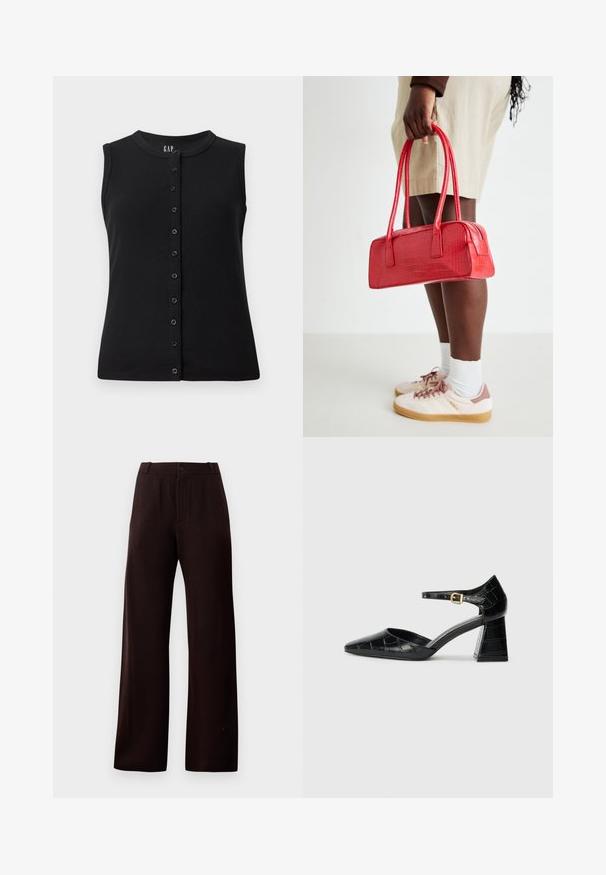 Black sleeveless top featuring a round neckline and a front button closure with eight buttons, made of ribbed fabric.; Dark brown wide-leg trousers with zipper fly, button closure, and belt loops, displayed on plain background.; Black patent leather high-heeled shoe with pointed toe, ankle strap, and textured crocodile pattern. Square block heel design.; Red crocodile-embossed handbag with two handles and a zipper closure. Rectangular shape, smooth texture, and glossy finish.
