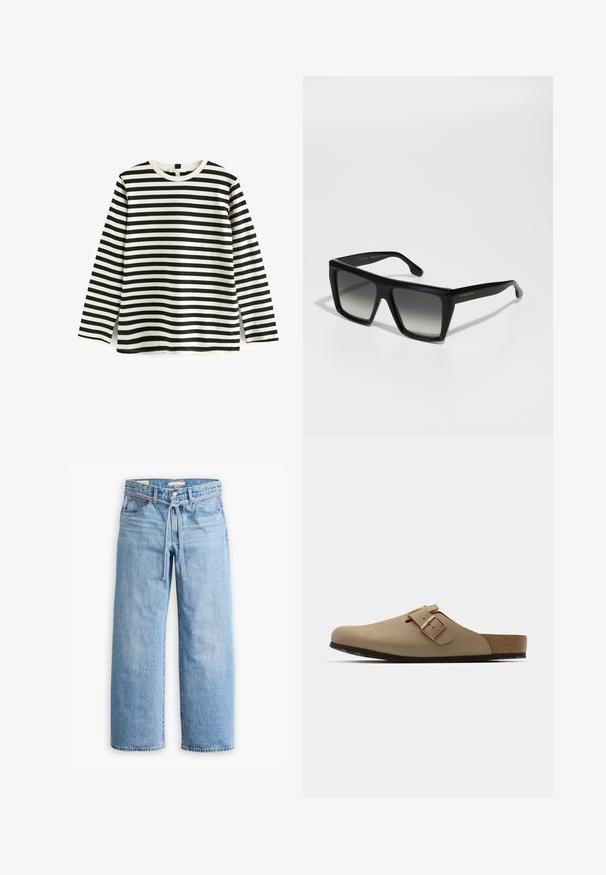 Katoenen T-shirt met lange mouwen, zwart-witte horizontale strepen, ronde hals en zachte textuur. Geen zichtbare hardware of accenten.; Lichtblauwe denim wijde broek met een hoge taille, knoop- en ritssluiting, en een trekkoorddetail in de taille. Afgeronde zoomafwerking.; Beige klompen met een afgeronde neus, verstelbare gespaccent, en kurk voetbed. Gestructureerd oppervlak met een zwarte rubberen zool voor grip.; Zwarte oversized vierkante zonnebril met gradient lenzen, dikke monturen en gouden branding op de poot. Glad kunststof materiaal.