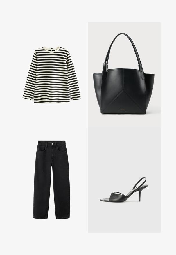 T-shirt in cotone a maniche lunghe con righe orizzontali bianche e nere, colletto rotondo e texture morbida. Nessun hardware o accessori visibili.; Jeans in denim nero con taglio straight, dotati di cinque tasche, chiusura a bottone e design classico. Texture morbida con una finitura pulita.; Tacchi slingback in pelle nera con punta affusolata, sottile cinturino alla caviglia e tacco a spillo. Presenta un dettaglio annodato sulla tomaia.; Borsa a tracolla in pelle nera con design geometrico, dotata di due manici e logo dorato sul davanti. Texture liscia e forma strutturata.