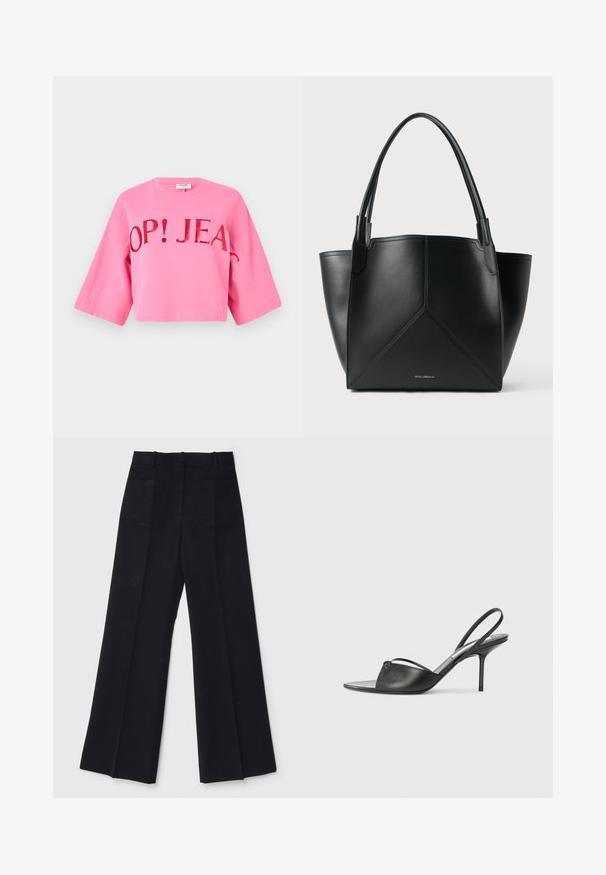 Rozā īsais džemperis ar platiem piedurknēm. Priekšpusē ir izteikts sarkans uzraksts "OP! JEANS". Izgatavots no mīksta kokvilnas materiāla.; Melnas platas kājas bikses no gludas auduma, kurām ir augsta josta, divas aizmugures kabatas un smalkas priekšējās krokas, lai piešķirtu formu.; Melnas ādas siksniņu augstpapēžu kurpes ar norādītu purngalu, plānu potītes siksniņu un stiletto papēdi. Arī ar sasietu detaļu uz vamp.; Melnas ādas plecu soma ar ģeometrisku dizainu, kas aprīkota ar divām rokturiem un zeltainu zīmolu priekšpusē. Gluda tekstūra un strukturēta forma.
