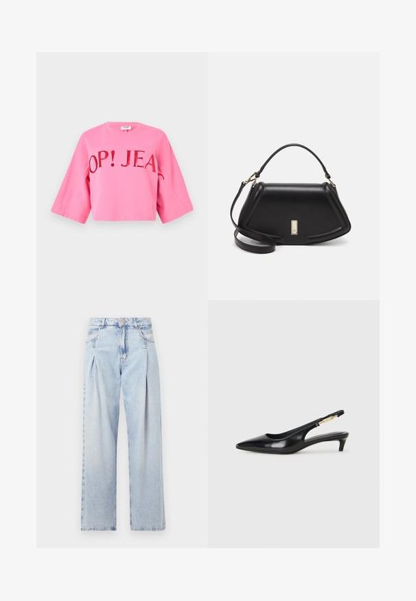 Sudadera corta rosa con mangas anchas. Presenta un texto rojo en negrita "OP! JEANS" en la parte frontal. Está hecha de un material de algodón suave.; Jeans de mezclilla azul claros con cintura alta, corte de pierna ancha, dos bolsillos laterales y un diseño plisado. Textura suave con un acabado deslavado.; Tacones negros de piel sintética tipo slingback con punta afilada, que cuentan con un tacón delgado y un detalle en tono dorado en la correa ajustable. Textura suave.; Bolso de mano de cuero negro con un diseño estructurado, que presenta una forma recortada, asa superior y acentos en dorado. Correa de hombro ajustable incluida.