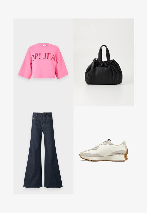 Rózsaszín, rövidített pulóver széles ujjakkal. Elöl feltűnő piros szöveg olvasható: "OP! JEANS". Puha pamut anyagból készült.; Sötétkék, bővülő farmernadrág, magas derékkal, aranyvarrás kiemelésekkel, és két elülső zsebbel, gombos záródással.; Fehér és bézs sneaker, sima bőr felsőrésszel, velúr kiegészítőkkel, lekerekített orral és texturált gumitalppal. A márkanevével ellátva az oldalon.; Fekete bőr kézitáska, összegyűrt felső dizájnnal, két rövid fülekkel és egy hosszú, állítható pánttal. Simább textúra, lekerekített forma.