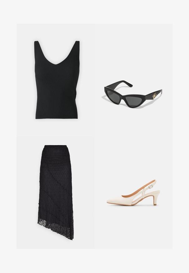 Schwarzes, geripptes Tanktop mit tiefem V-Ausschnitt und breiten Schulterträgern. Glatte Textur, figurbetonte Silhouette und keine sichtbaren Verzierungen.; Schwarzes Spitzenoberteil mit schulterfreier Ausschnittlinie, langen Glockenärmeln und gewellten Kanten. Texturiertes florales Muster im gesamten Design.; ONLY ONLKIM LACE SKIRT - Maxirock - black; Weiße Slingback-Absätze mit spitzer Zehenpartie, glattem Obermaterial, niedrigem Blockabsatz und seitlichem Ausschnitt-Design mit verstellbarem Schnallenriemen.; Cat-Eye-Sonnenbrille mit mattem schwarzen Kunststoffrahmen, dunklen Gläsern und einem goldenen Logoplatz auf dem Bügel. Winkeliges Design und glatte Oberfläche.