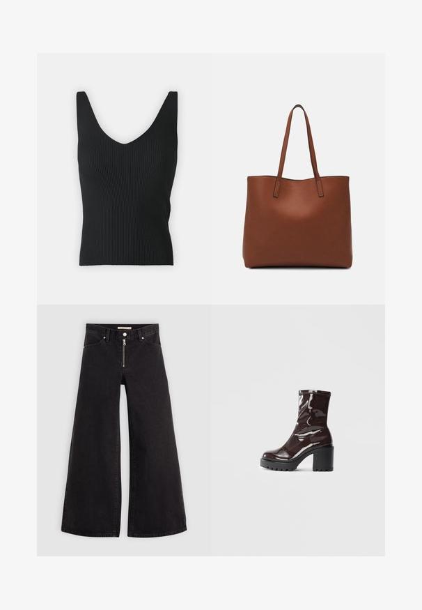 Svart ribbad linne med djup V-ringning och breda axelremmar. Slät textur, figurnära siluett och inga synliga dekorationer.; Breda jeans i svart denim med dragkedja fram, femfickorsdesign och subtila sömdetaljer. Slät textur och avslappnad stil.; Glansig bordeauxfärgad ankelsko med en kraftig svart klack, som har en slät yta och enkel design. Inga synliga stängningar eller mönster.; Brun läder tote-väska med en slät textur, öppen toppdesign och två axelremmar. Har minimal söm och ingen synlig metalldetalj.