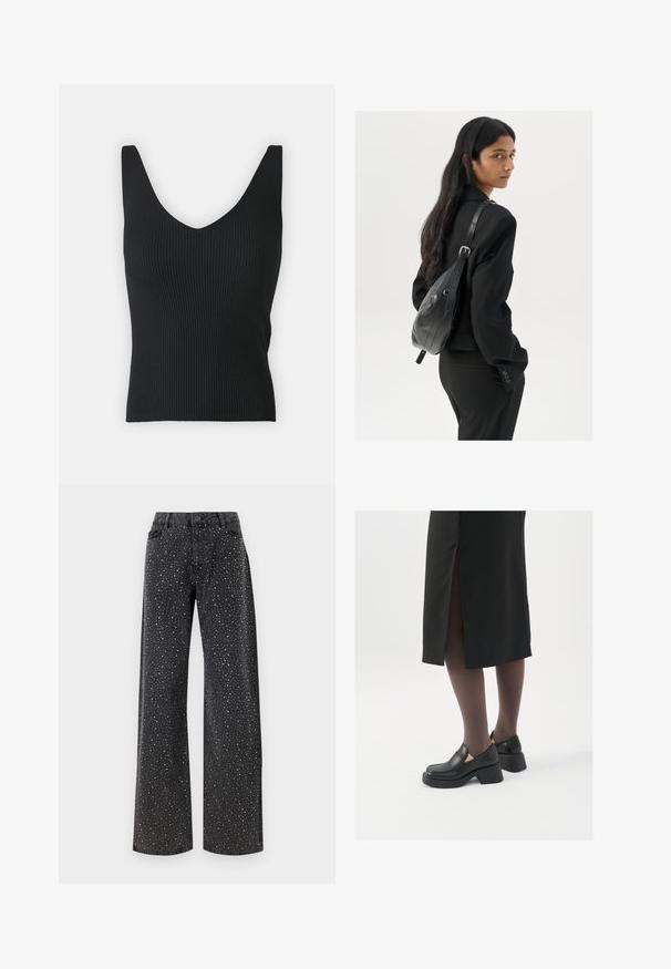Zwarte geribbelde tanktop met een diepe V-hals en brede schouderbanden. Glad textuur, getailleerde snit en geen zichtbare versieringen.; Noisy May NMJANNEL LOOSE - Relaxed fit jeans - black denim; Zwarte leren schoenen met een ronde neus, dikke blokhak en elastische zijkanten, gecombineerd met donkere panty's en een zwarte rok met een split.; Vrouw met lang donker haar in een zwart pak, met een zwart leren schoudertas, die over haar schouder kijkt tegen een witte achtergrond.; Zilveren hoepel oorbellen met een minimalistisch ontwerp. Cirkelvormig, gladde textuur en dun profiel. Lichtgewicht met een gepolijste afwerking.