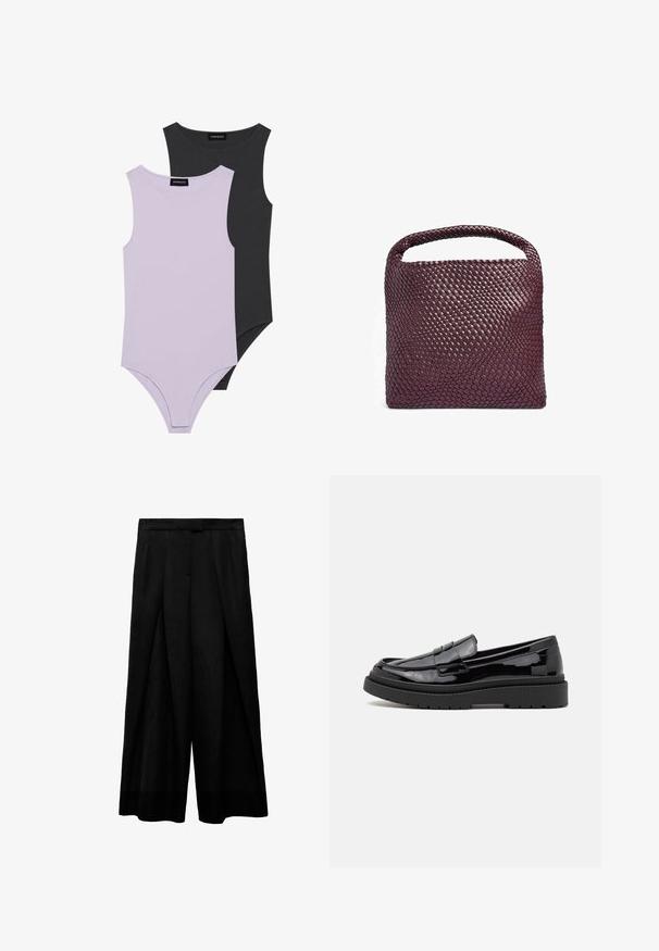 Dva bezrokavnika: en v svetlem lavandula, drugi v temno sivi. Narejena iz mehke tkanine z okroglim izrezom in prilegajočim krojem.; Črne široke hlače z visokim pasom, z sprednjimi pregibi, gladko teksturo in prilegajočim pasom. Brez vidnih žepov.; Črne lakirane usnjene loafers čevlje z zaobljenim nosom, okrasno spono in debelim črnim gumijastim podplatom. Gladka sijajna tekstura z minimalnim šivanjem.; Tkana usnjena torba v temno burgundski barvi, kvadratne oblike s zaobljenim ročajem in teksturirano površinsko vzorcem. Minimalističen dizajn.