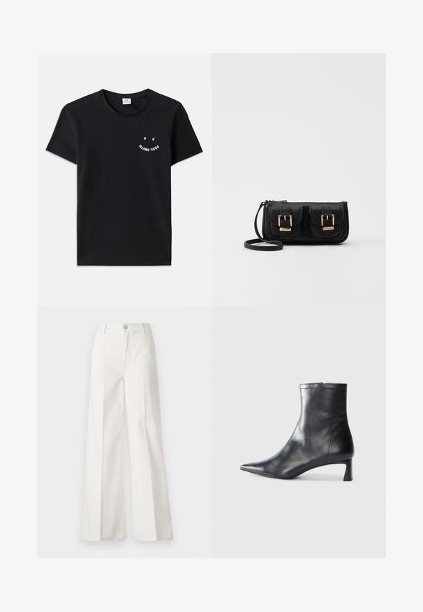 Tricou din bumbac negru cu guler rotund și mâneci scurte. Prezintă un text grafic alb într-un design curbat pe partea din față. Stil minimalist.; Pantaloni albi cu picioare largi, confecționați din bumbac cu o textură fină. Prezintă un buton în față, fermoar și un design cu patru buzunare.; Cizmă de gleznă din piele neagră cu vârf ascuțit și un design elegant. Dispune de un toc mic și de o închidere cu fermoar la spate. Textură netedă.; Geantă neagră din piele, tip crossbody, cu două buzunare frontale, catarame aurii, închidere cu fermoar și o curea subțire. Suprafață texturată și formă rectangulară compactă.