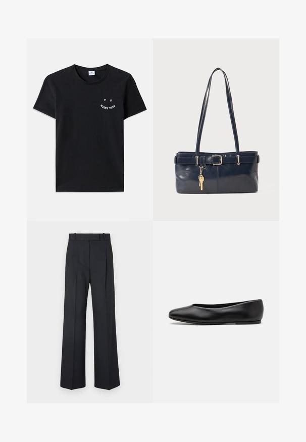 Zwarte katoenen t-shirt met een ronde hals en korte mouwen. Voorzien van witte grafische tekst in een gebogen ontwerp op de voorkant. Minimalistische stijl.; Donkerblauwe pinstriped broek met een hoge taille, wijde pijpen en zonder zichtbare hardware of versieringen. Glad textuur en nauwkeurige pasvorm.; Paul Smith TOPANGA - Ballerina's - black; Marine leren handtas met twee lange hengsels, een gespdetail en een sleutelhanger eraan bevestigd. Heeft een gladde textuur en een rechthoekige vorm.