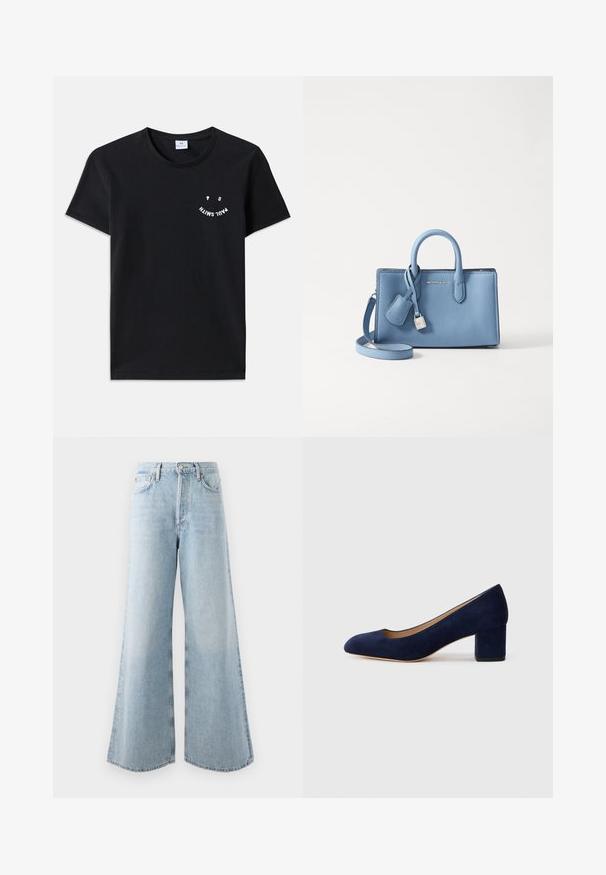 Melnas kokvilnas T-krekls ar apaļu dekoltē un īsām piedurknēm. Priekšpusē ir balts grafisks teksts izliekumā. Minimālisma stils.; Gai zili plataji džinsi, izgatavoti no denima, ar augstu jostasvietu, piecām kabatām un pogas/zipa aizdari. Izplestā apakšdaļa palielina apjomu.; Tumši zili zamšādas kurpes ar norādītu degunu un vidēja augstuma blokveida papēdi. Gluda tekstūra ar smalku spīdumu un nelielu izgriezumu priekšā.; Gaiši zils ādas rokassomas, kurai ir divi rokturi, noņemams plecu siksniņa un sudraba krāsas atslēga un birka. Gluda virsma.