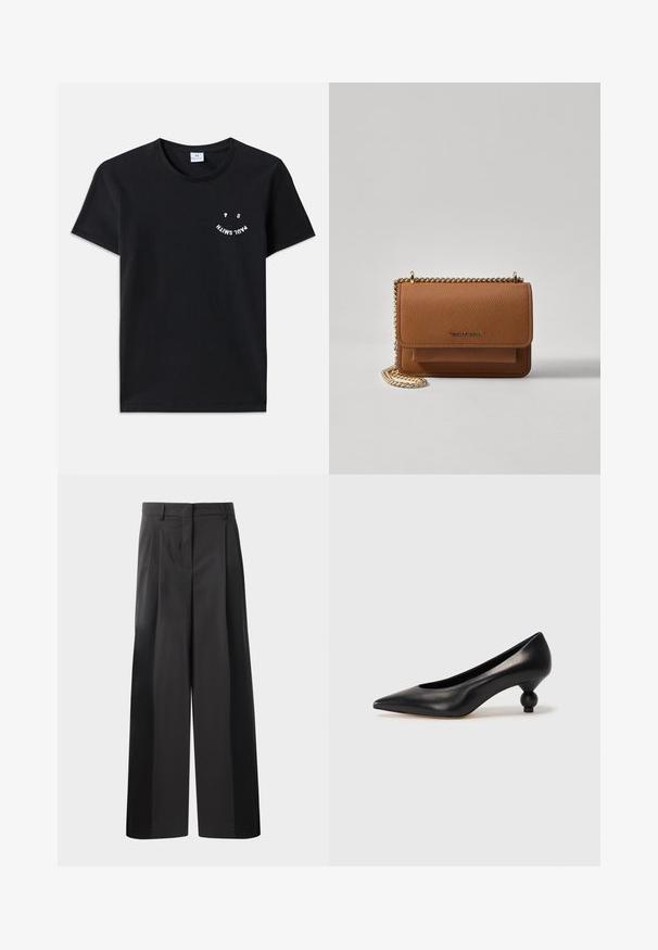 Svart bomull t-shirt med rund hals och korta ärmar. Har vit grafisk text i en böjd design på framsidan. Minimalistisk stil.; Svarta byxor med vida ben och hög midja, med framveck, en slät textur och en skräddarsydd finish. Designade för en avslappnad passform.; Svart läderhögklackad sko med spetsig tå och rund, bollformad klack. Slät yta med en elegant, minimalistisk design.; Brun texturerad läder crossbody-väska med guldkedja och klaffstängning. Framsidan har logotypdetalj och en ficka under klaffen.