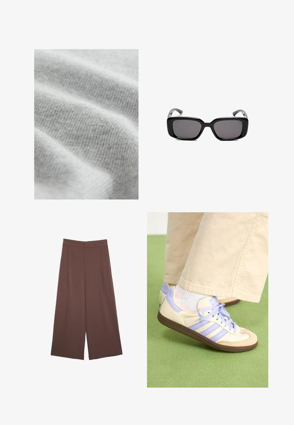 Hellgrauer Stoff mit einem weichen, strukturierten Rippenmuster, das subtile Farbvariationen aufweist und eine glatte, einladende Oberfläche hat.; Braune Weite-Leg-Hosen mit einer glatten Textur, hoher Taille und Vorderfalten. Der Stoff ist leicht und fällt locker.; Cremefarbene und lavendelfarbene Sneakers mit drei Streifen und einer strukturierten braunen Sohle, ausgestattet mit Schnürsenkeln und einer gepolsterten Ferse. Obermaterial aus weichem Stoff.; Schwarze rechteckige Sonnenbrille mit dunklen Gläsern, glattem Kunststoffrahmen und gebogenen Bügeln. Das Design ist klobig mit einer minimalistischen Ästhetik.
